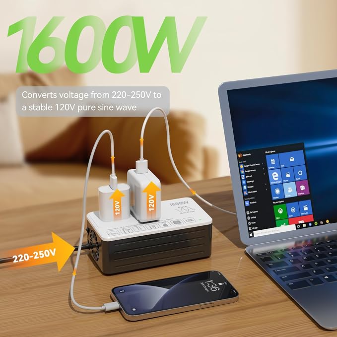 1600W Voltage Converter 220V to 110V, Pure Sine Wave - Power Any American Appliance Overseas, No Limitations, Surge Protection, Plug Adapters C, G, I, E/F for US to Europe, Asia Over 168 Countries