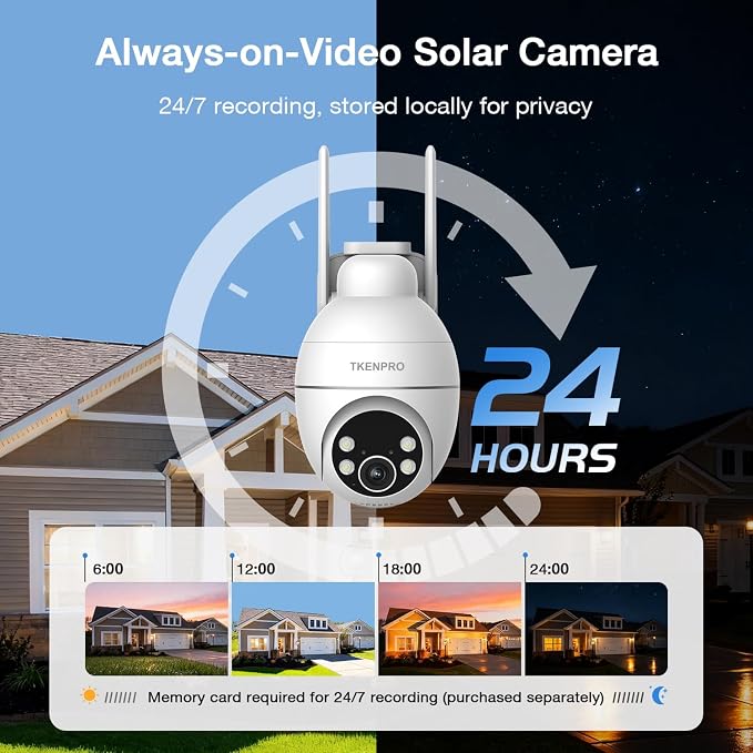 TKENPRO Solar Security Cameras Wireless Outdoor, 2.4GHz Wi-Fi, 24/7 Continuous Recording, Human Auto Tracking, Outdoor Camera Wireless with 2K Color Night Vision, 360° Panoramic View