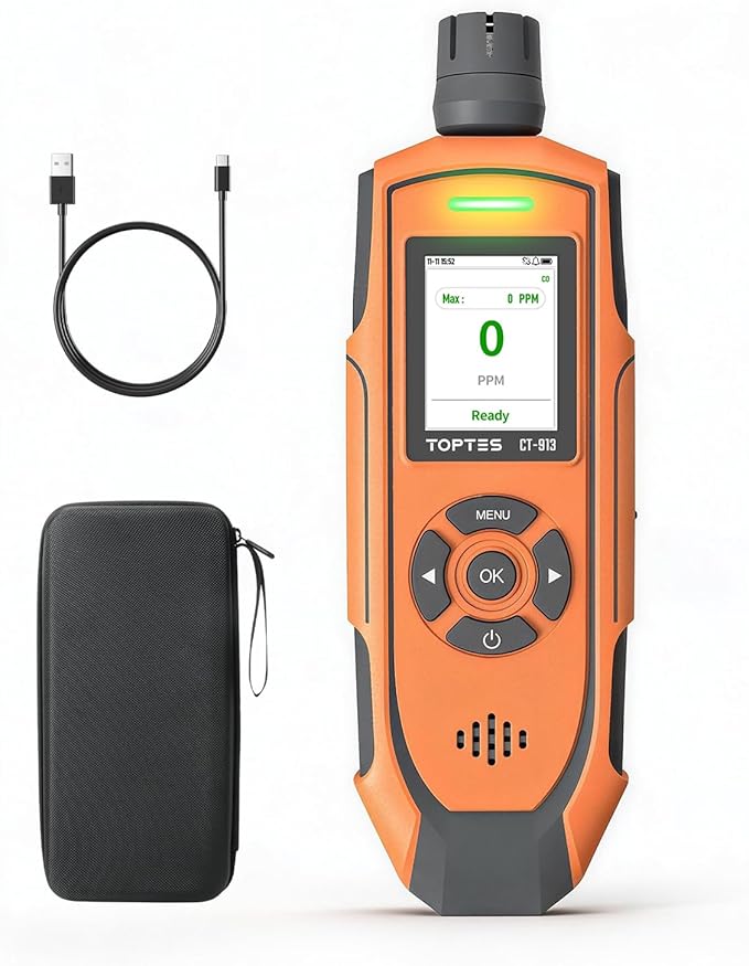 TOPTES CT-913 Portable Carbon Monoxide Detector, Rechargeable CO Detector with Upgraded Sensor, TFT Color Display with Triple Alarms, 0-1000PPM for Camping, Travel, Industrial & Professional Use