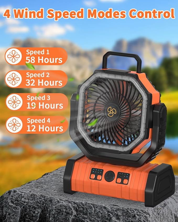 ADUST Camping Fan - 20000mAh Battery Powered Fan Battery Operated Rechargeable Portable Outdoor Tent Fans with Hanging Hook, Cordless, 4 Speeds, Remote Control - Orange