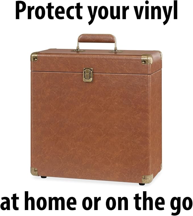 Victrola Collector – Record Storage Case – Holds 30+ Vinyl Turntable Records, Heavy-Duty Hardware, Hinges, & Smart Metal Corners, Portable with Easy-Carry Handle (Brown)