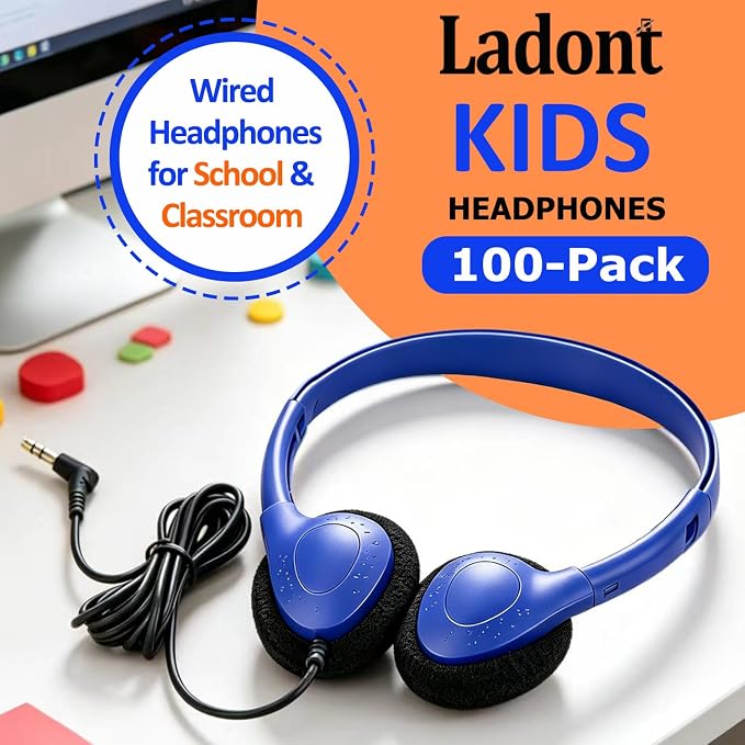 100 Pack Classroom Headphones Bulk for Students Kids Boys Girls Teens, Wholesale Wired Multi Color 3.5mm On Ear Headphones for Chromebook Laptop PC Computer