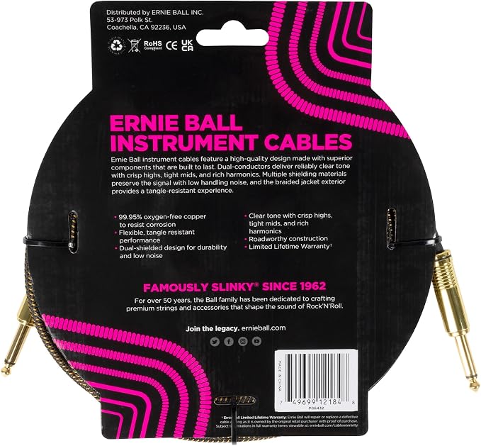 Ernie Ball Braided Instrument Cable Straight/Straight 18ft - Pay Dirt (P06432)