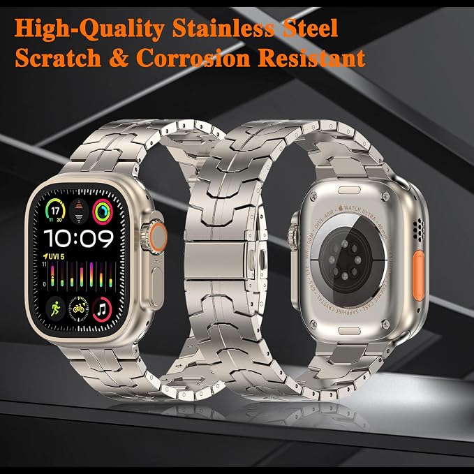 MioHHR Stainless Steel Band Compatible with Apple Watch Band 49mm 46mm 45mm 44mm 42mm(Series 3/2/1), Adjustable Metal Band for Men iWatch Series 10 9 8 7 6 5 4 3 2 1 SE SE2 SE3 Ultra3/2/1, Titanium