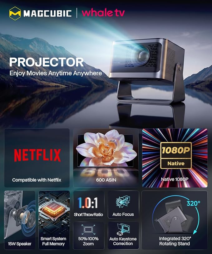 Magcubic Mini Projector with WiFi and Bluetooth, 600ANSI Native 1080P Projector, Compatible with Netflix, Auto Focus & Vertical Keystone, 15W Speaker HY350NTV Smart Proyector for Movie Home Outdoor