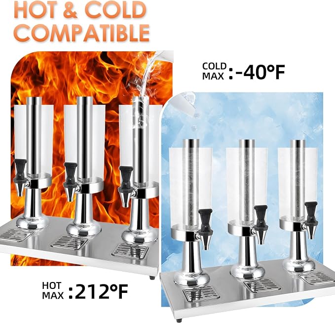 Hot and Cold Beverage Dispenser with Stand, 2.38 Gallon All-in-One Commercial Drink Dispenser with Ice Core&Stainless Steel Drip Trays for Parties, Beer Bar, Coffee (3 Head-2.38 GAL, SILVER)