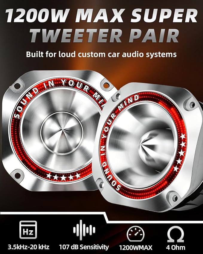 4 Inch Super Tweeters for Car Audio, 1200W MAX 4 Ohm Bullet Tweeter Speakers Pair, 107dB Titanium Compression Drivers with 1.5 Inch Voice Coil for Door Panels Speaker Boxes