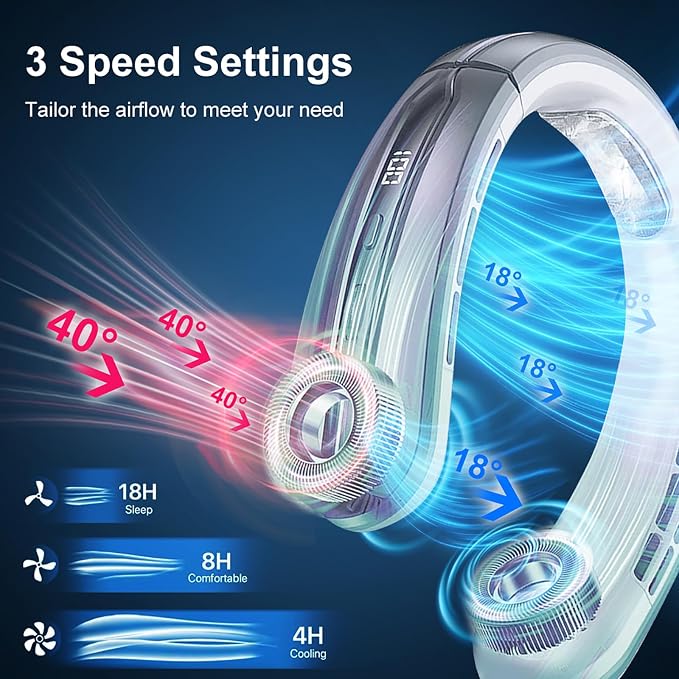 Portable Neck Fans that Blow Cold Air, Rechargeable Personal Small Wearable Cooler With 3-Speed, LED Display, 5000mAh, Type-C Port, Gift For Women, Dad, Birthday, Father, Travel, Outdoor, Grey