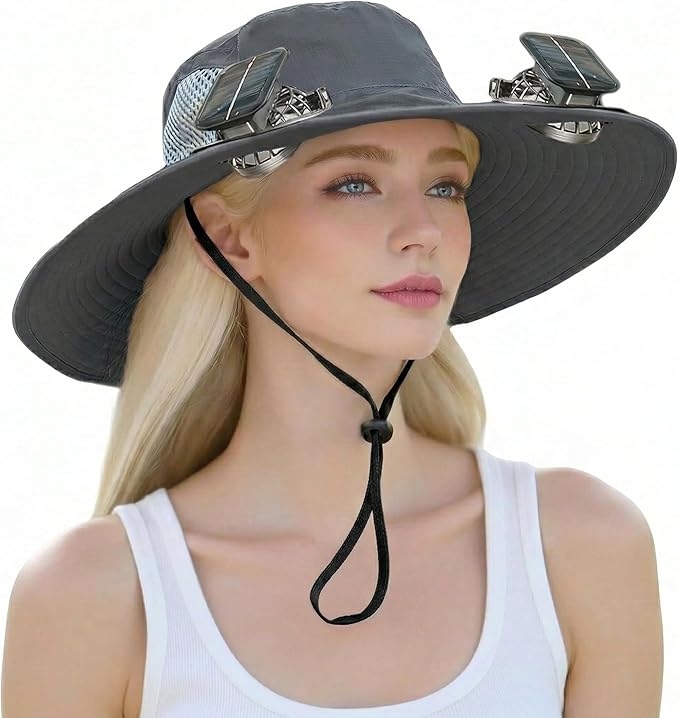 Outdoor Wide Brim Sun Hat with 2 Solar Powered Fan, Bucket Hat for Men Women, Fishing, Gardening & Beach Hat for Men