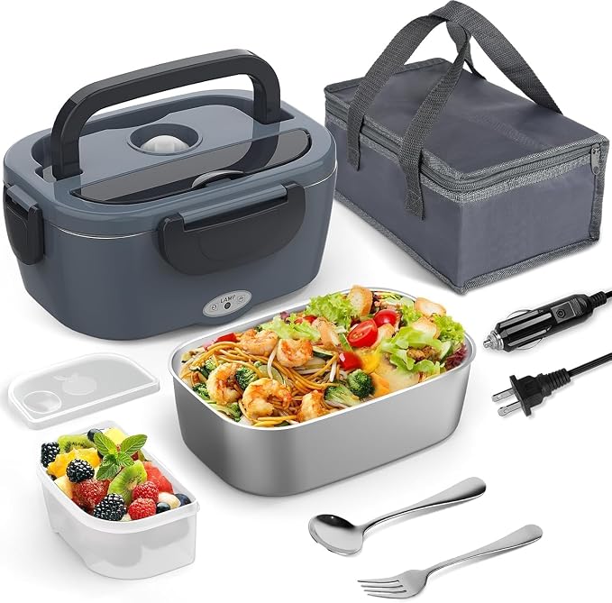 Electric Heated Lunch Box for Men/Women Home 80W Portable Food Warmer with 12V/24V/110V/220V Stainless Steel Leakproof Container for Work Travel Jobsite Camping Gifts Fathers Day for Dad Husband Men
