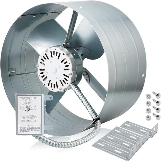 Hiorucet Upgraded 15 Inch Exhaust Fan for Gable Vent, 1300CFM 1850 SQF High Performance Low Noise Gable Mount Attic Fan with Adjustable Thermostat, 14'' Blade and Permanently Lubricated Motor 1075RPM.