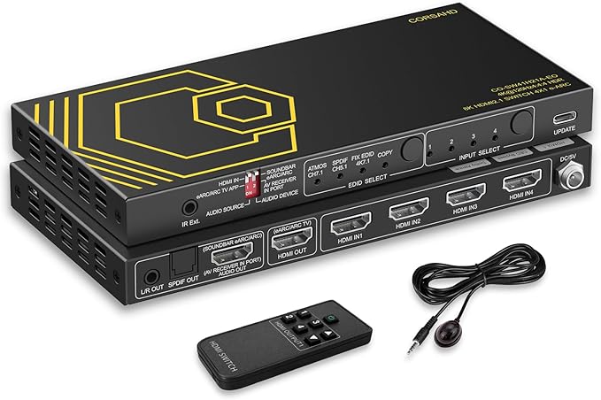 8K@60Hz 4K@120Hz HDMI2.1 Switch 4 in 1 Out with eARC,ARC Audio Extractor,7.1Ch,SPDIF 5.1Ch,48Gbps,HDCP2.3 Bypass,VRR,IR,3D,HDR 10,Dolby Atmos,Compatible with QLED TV,PS5,Xbox,Sonos Soundbar,Apple TV