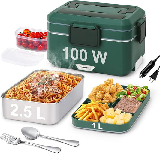 Electric Lunch Box for Adults, 100W 3.5L 2-Layer Portable Food Warmer for Men, Dual Mode 2.5L + 1L Large Heated Lunch Box for Car/Truck/Work, Lonchera Eléctrica Portátil para Calentar Almuerzo