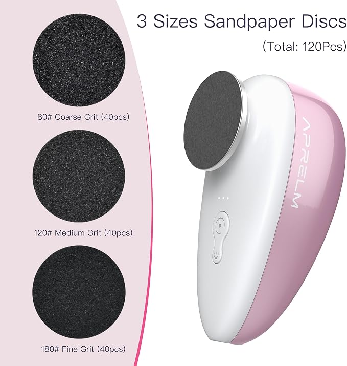 APRELM Rechargeable Electric Foot Callus Remover with 3-Sizes 120Pcs Sandpapers, Professional 1000RPM Electric Foot File with Organizer, Pedicure Tools Gifts for Women Men (E5 Pink-White)