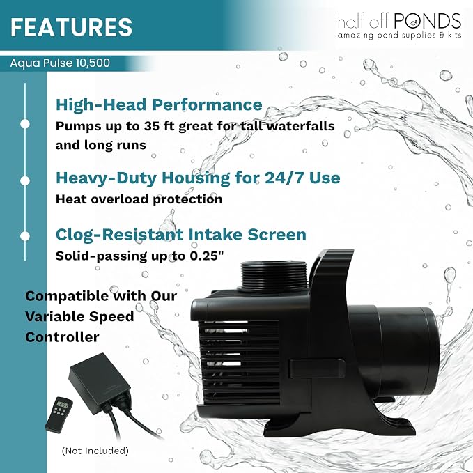 Aqua Pulse Submersible Pond Pump, 10,500 GPH, 200 ft Cord | 27 ft max head, 620W energy efficient, Ultra quiet, For koi ponds, Waterfalls, Fountains