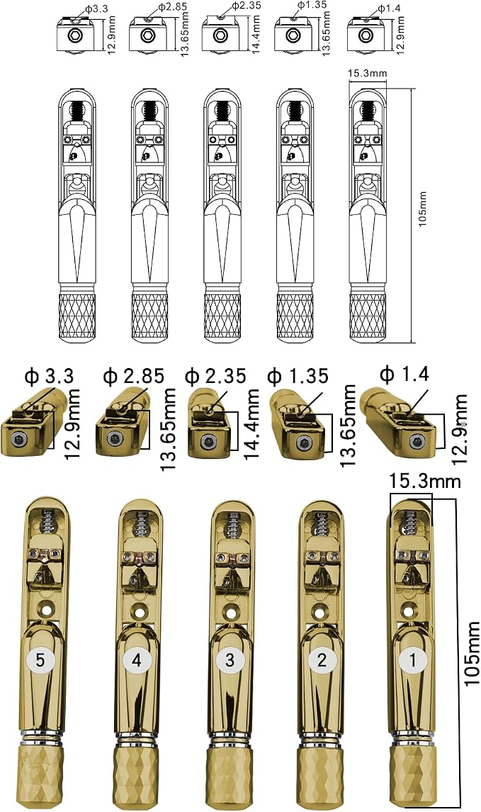 Pack of 5 Individual Single Tubular Fixed Bridge 5 String Electric Bass Bridge for Headless 5-string Bass Replacement Parts Gold