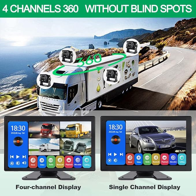 EVERSECU 4K Car Backup Cameras System with 10.1" Touch Screen Quad Display Monitor & 4pcs 1080P Backup AHD Cameras, MP5 Player, Vehicle DVR Recorder for RV/Truck/Bus/Trailer/Camper/Van