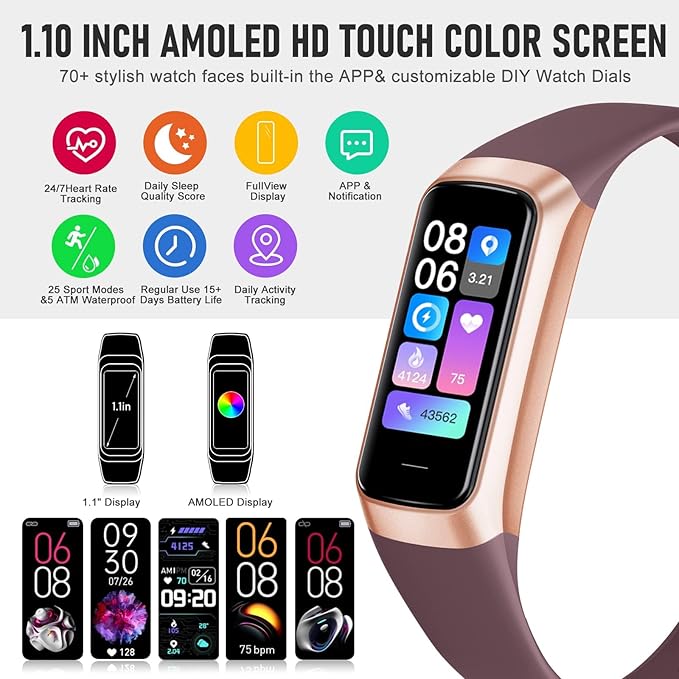 Fitness Tracker with 24/7 Heart Rate, Health Tracker with Calories Sleep Monitor, 1.10''AMOLED Touch Color Screen, Step Counter Activity Pedometer Smart Watch for Women Men