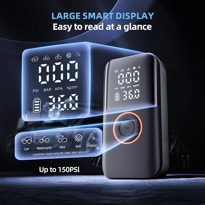 Air Pump for Car Tires, 150PSI Cordless Tire Pump, 12V DC & Battery Dual Power, Auto Shut-Off Air Compressor for Car, Motorcycle, Bike, Ball - LED Light & Digital Display, Car Gifts for Women Men