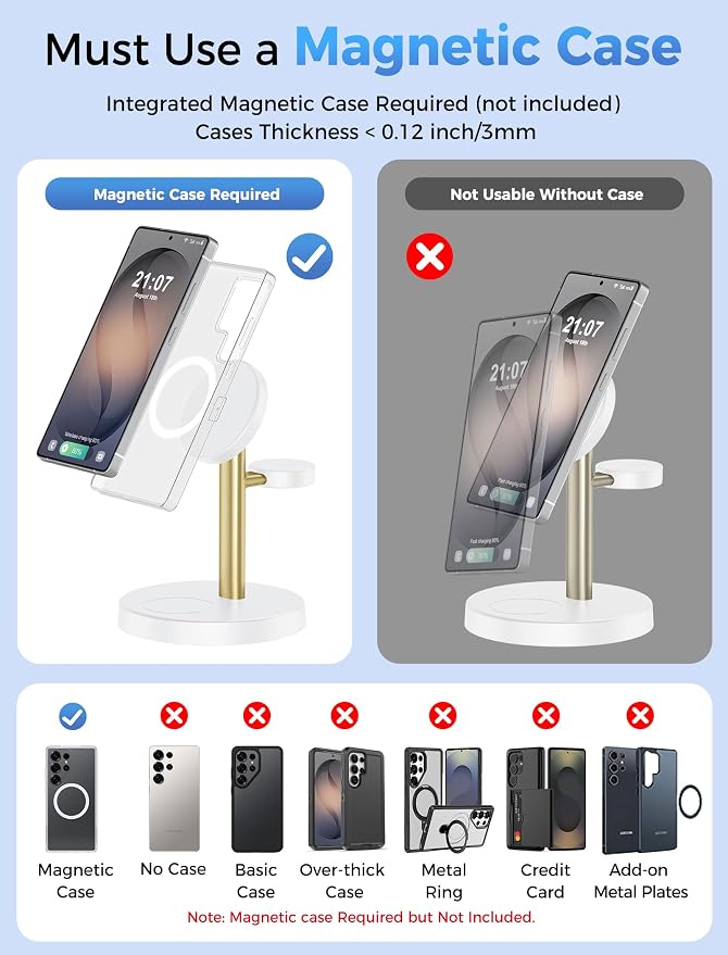 Magnetic Wireless Charger for Samsung, 3 in 1 Super Fast Charging Station Compatible with MagSafe, Phone Charger Stand for Samsung Galaxy S26 Ultra S25 Z Fold/Flip 7, Watch Ultra 8 7 6, Buds 4/3 Pro