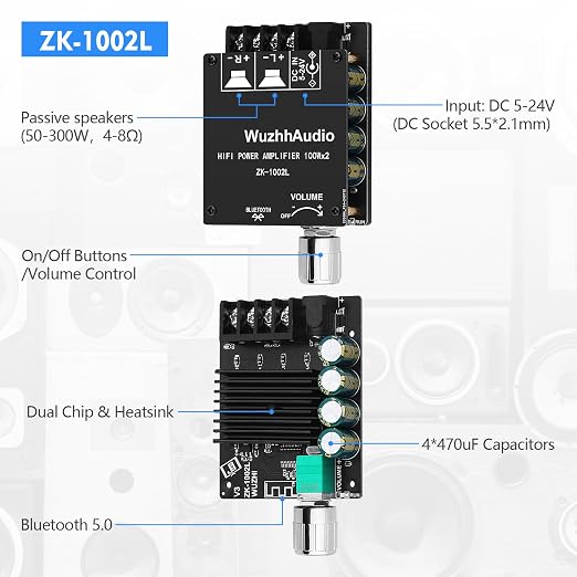 ZK-1002L 200W Audio Power Amplifier Board with Bluetooth and AUX Inputs, 2.0 Channel Stereo Mini Power Amplifier Receiver Module for Home DIY Speakers System, DC 5-24V
