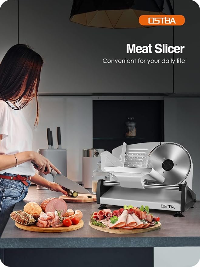 OSTBA Electric Deli Meat Slicer, 200W Food Slicer with 0-15mm Adjustable Thickness, 7.5” Removable Stainless Steel Blade & Food Carriage, Child Safety Lock, Easy to Clean - For Home Use