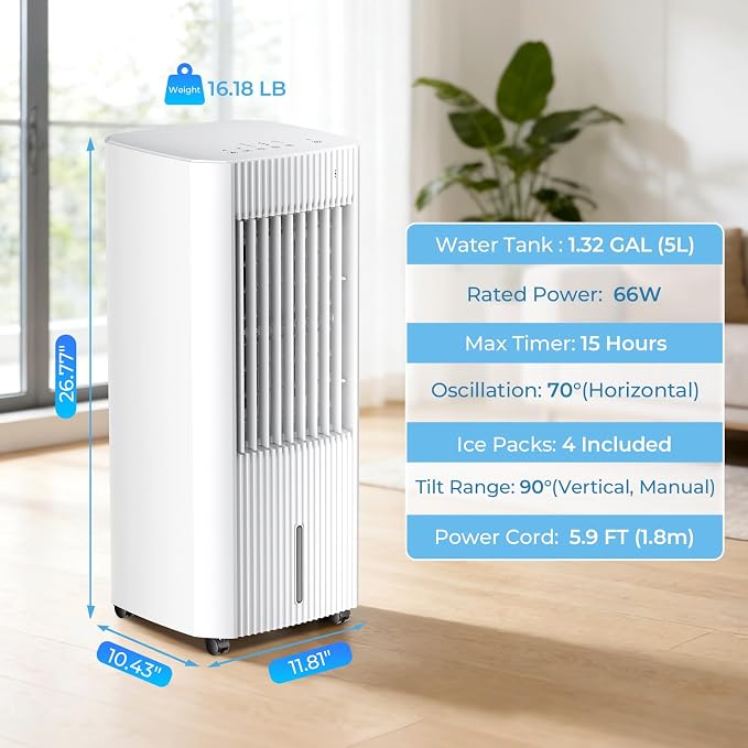 Electactic Portable Air Cooler,3 In 1 Swamp Cooler with Ice Packs,15H Timer,3 Speeds & Modes,Windowless AC for Apartments,Bedroom,Office,45dB Quiet,Pet-Friendly,Ivory