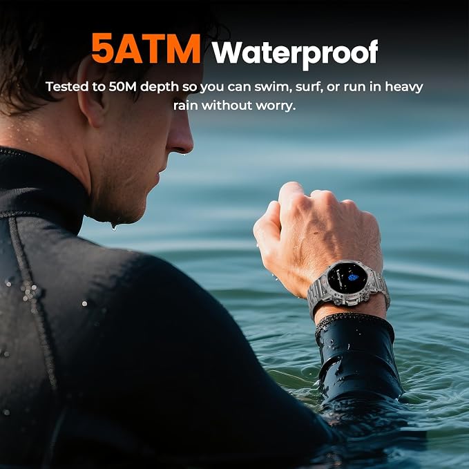 WalkerFit Silver Smart Watch for Men, Stainless Steel Band, 1.43" AMOLED Round Smartwatch, 5ATM Waterproof for Swim Run Hike Cycle, 170+ Sports Modes, Heart Rate SpO2, Sport Watch for iPhone Android