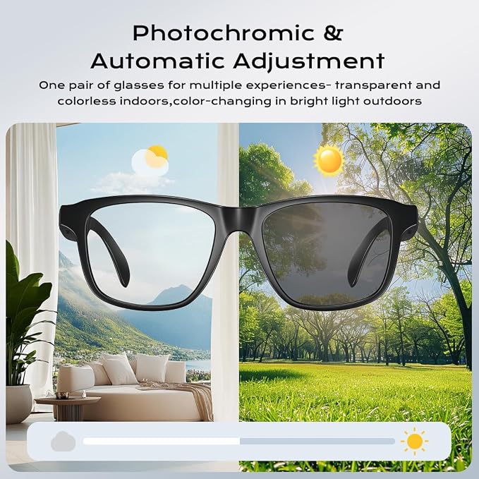 AI Smart Glasses ,Bluetooth Glasses with 140+ Languages Online Translation, Photochromic Lenses, Built-in Mic & Speakers,Anti-Blue Light Lens with Listening Voice Control,Perfect for Indoor Outdoor