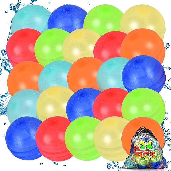 24PCS Reusable Water Balloons, Self-Sealing Silicone Water Bomb, Refillable Water Balls for Boys and Girls, Outdoor Summer Water Toys Pool Beach Park Yard