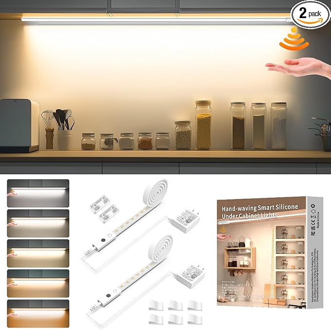 MY BEAUTY LIGHT 80in Smart Under Cabinet Lights, Handwave Sensor Under Counter Lights for Kitchen, 2700K-6500K 1090lm Stick-on Closet Light, Slim Cuttable Plug and Play Kitchen Lamp, 2 Rolls of 40in
