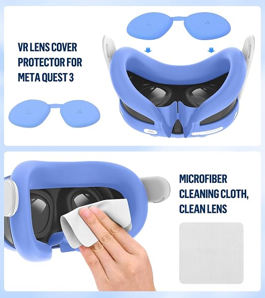 Silicone Cover Set Compatible with Meta/Oculus Quest 3 Accessories, Controller Grips, VR Shell Cover, Facial Interface Cover, Protective Lens Cover, Tempered Glass Lens Caps, Not Fit Quest 3S
