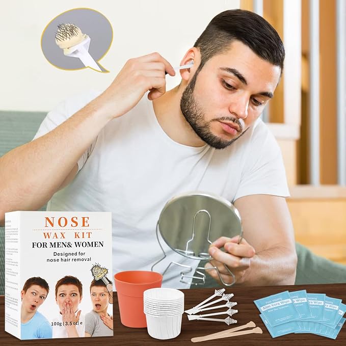 100g Nose Hair Waxing Kit with 30 Applicators (Up to 30 Uses), 10 Mustache Guards, 15 Wipes for Quick and Painless Hair Removal on Nose, Ears, and Face - For Men and Women
