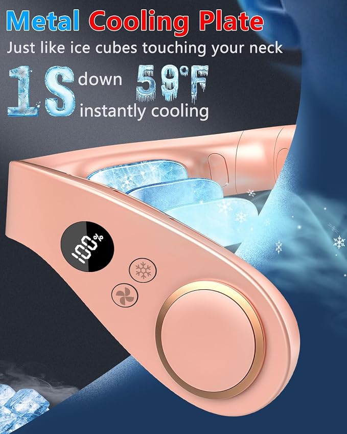 Neck Fan with Cooling Plate-Neck AC Air Conditioner,Rechargeable Battery Operated Neck Cooler,Bladless Power Light Weight Noiseless Cooling for Travel,Camping,Outdoor,Sports Pink