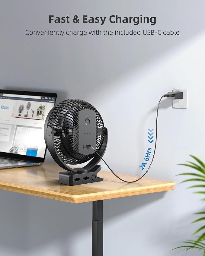 Koonie 10000mAh Clip on Fan Rechargeable, 8-Inch Battery Operated Desk Fan, USB Fan, 4 Speeds, Strong Airflow, Sturdy Clamp for Golf Cart Office Desk Outdoor Travel Camping Tent Gym Treadmill,Black