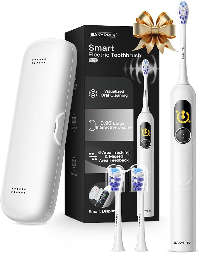SAKYPRORAL G5S Electric Toothbrush (White) + Ultra White Toothpaste 2 Pack, 150-Day Rechargeable Toothbrush, Visibly Whitens Yellow Teeth