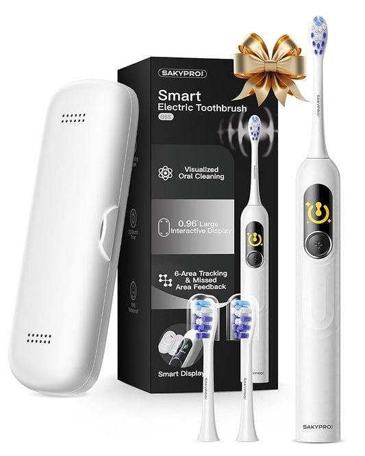 SAKYPRORAL AI Electric Toothbrush with Smart Display for Adults Kids | 150-Day Rechargeable Toothbrush, Real-Time Map |3-Min Timer, Travel Case | Teens Sonic Toothbrush Gift (G5S White)