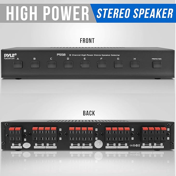 Pyle Premium New and Improved 8 Zone Channel Speaker Switch Selector Hub Distribution Box for Multi-Channel High Powered Stereo Amplifier A/B/C/D Switches | 8 Pairs Of speakers - PSS8