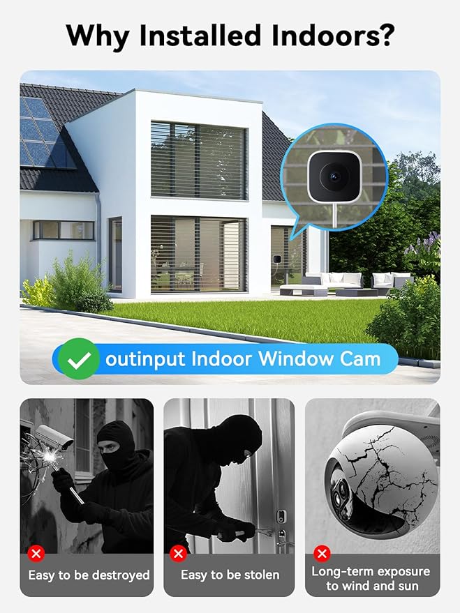 Outinput 3MP 2K No Drill Window Security Camera, 2.4G&5GHz Surveillance Camera with Adjustable View Angle Mount, AI Color Night Vision, Person and Motion Detection, 24/7 Recording, Anti-Glare (2-Pack)