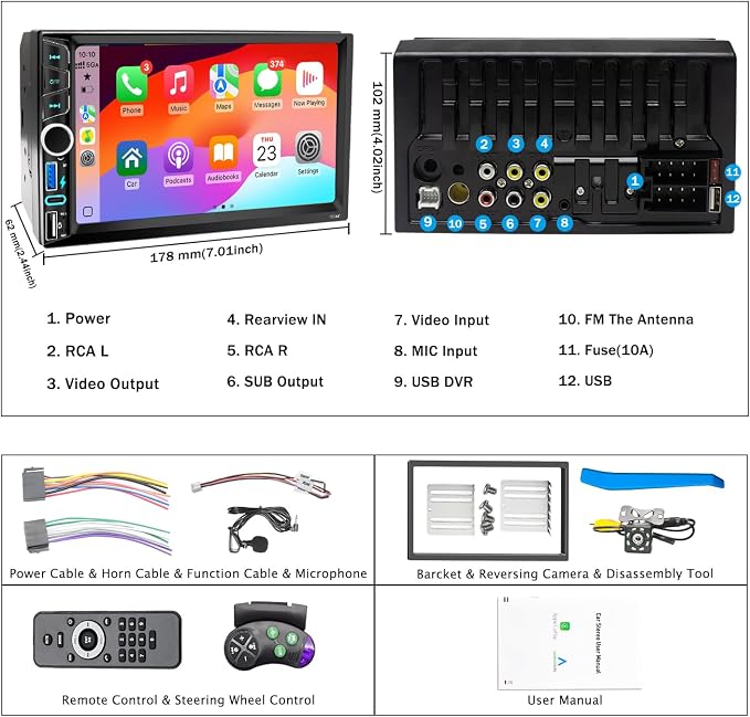 Wireless Double Din Car Stereo Apple CarPlay Android Auto,7" Touchscreen Car Radio Receivers, Bluetooth 5.2,FM AM Radio,Backup Camera,Physical Knob,SWC,Equalizer,Subwoofer,MirrorLink,USB/Type-C