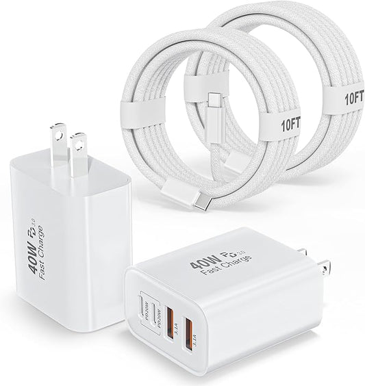 10Foot iPhone 17 16 15 Pro Max Charger Fast Charging,40W 2Pack 4 Port PD&AC USB Charger Block 10FT USB C to C Woven Cable Quick Charging Cord for iPhone 17 Air/17 16 15 Pro/16e/16 Plus/15/15 Pro/iPad