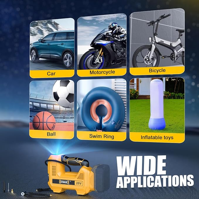 DIYtoolifz 160PSI Cordless Tire Inflator Compatible with Dewalt 20V Air Compressor, Portable Air Pump Automatic Shut Off, LED Light, Digital Pressure Gauge for Cars Motorcycles Bike Ball (Tool Only)