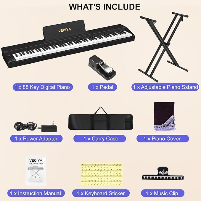 Digital Piano Keyboard 88 key,Semi-Weighted Electric Piano,Full Size Acoustic Piano for Beginners with Pedal, USB-MIDI Compatibility (Black)