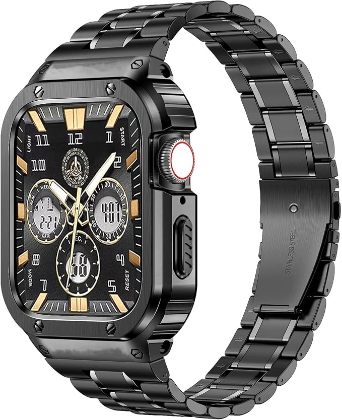 MioHHR Stainless Steel Watch Band with Case Compatible with Apple Watch Series 11/10 42mm,Rugged Strap with Metal Protective Bumper Cover for iWatch Band Men(Black)