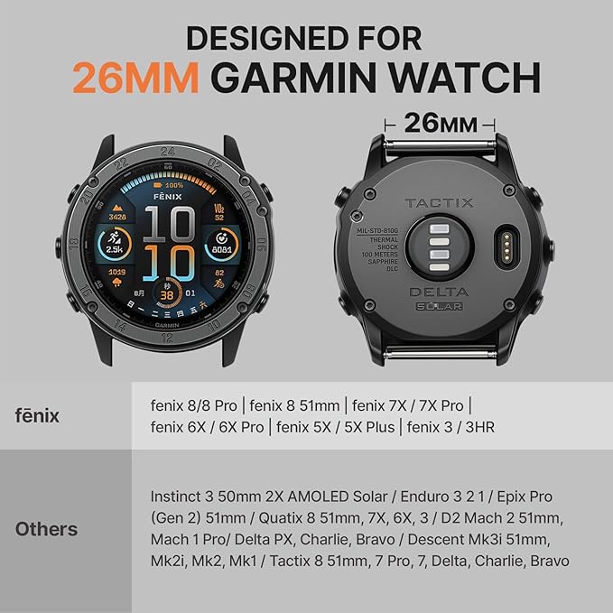 Bandletic Compatible with Garmin Instinct 3 50mm Watch Band - 26mm Quick Fit Nylon Strap Replacement for Fenix 8 51mm 7X 6X Pro/5X Plus/3 HR/Instinct 2X Solar/Enduro/Tactix/Epix Pro 2/Quatix 8 51mm