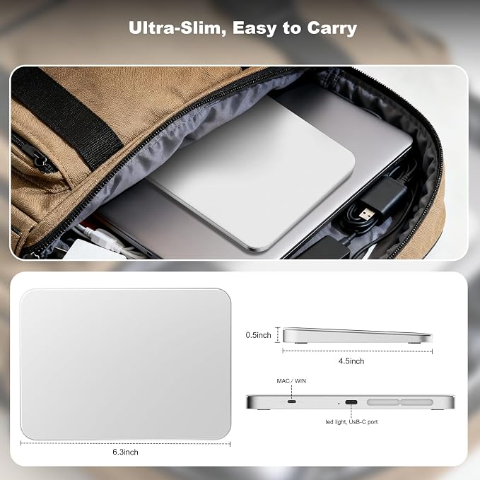 Wireless Trackpad for Mac & Windows with 2.4G USB, 7.5” Glass Surface Touchpad High Precision Multi-Gesture Control, Rechargeable & Portable Track Pad for Computer, MacBook, iMac, Laptop, PC