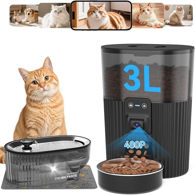 PAPIFEED Automatic Cat Feeder and Water Fountain Stainless Steel, WiFi Timed Auto Cat Feeder with Camera & App, Cat Food & Water Dispenser, Quiet Pet Drinking Fountain with LED, Smart Dog Feeder Set