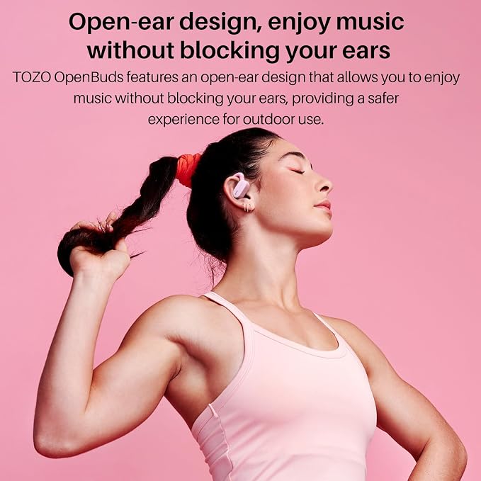 TOZO O2 True Open Ear Wireless Earbuds with Multi-Angle Adjustment, Bluetooth 5.3 Headphones with Bass Sound, Crystal-Clear Calls, 42 Hrs Playtime, Long-Lasting Comfort for Work, Driving, Sport Pink
