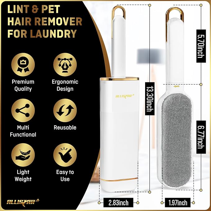 Lint Brush, Pet Hair Remover, Lint Remover for Clothes, Sofa, Carpets, Car Seats. Cat Hair Remover. Dog Hair Remover Laundry. Double-Sided. Reusable. Self-Cleaning Base. ALLISTAR (Snow Peak White)