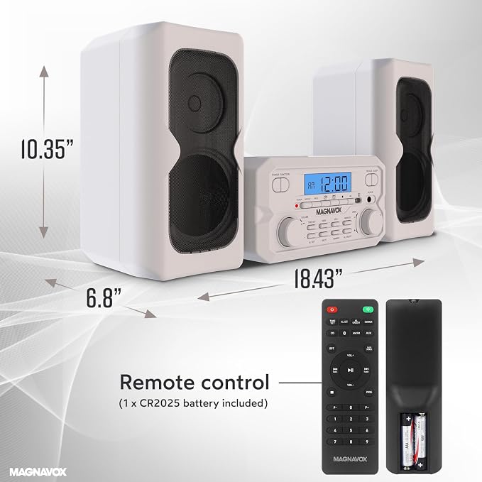 Magnavox 3-Piece Compact CD Shelf System with Digital FM Stereo Radio, Bluetooth Wireless Technology, and Remote Control in Silver | LCD Display | AUX Port Compatible